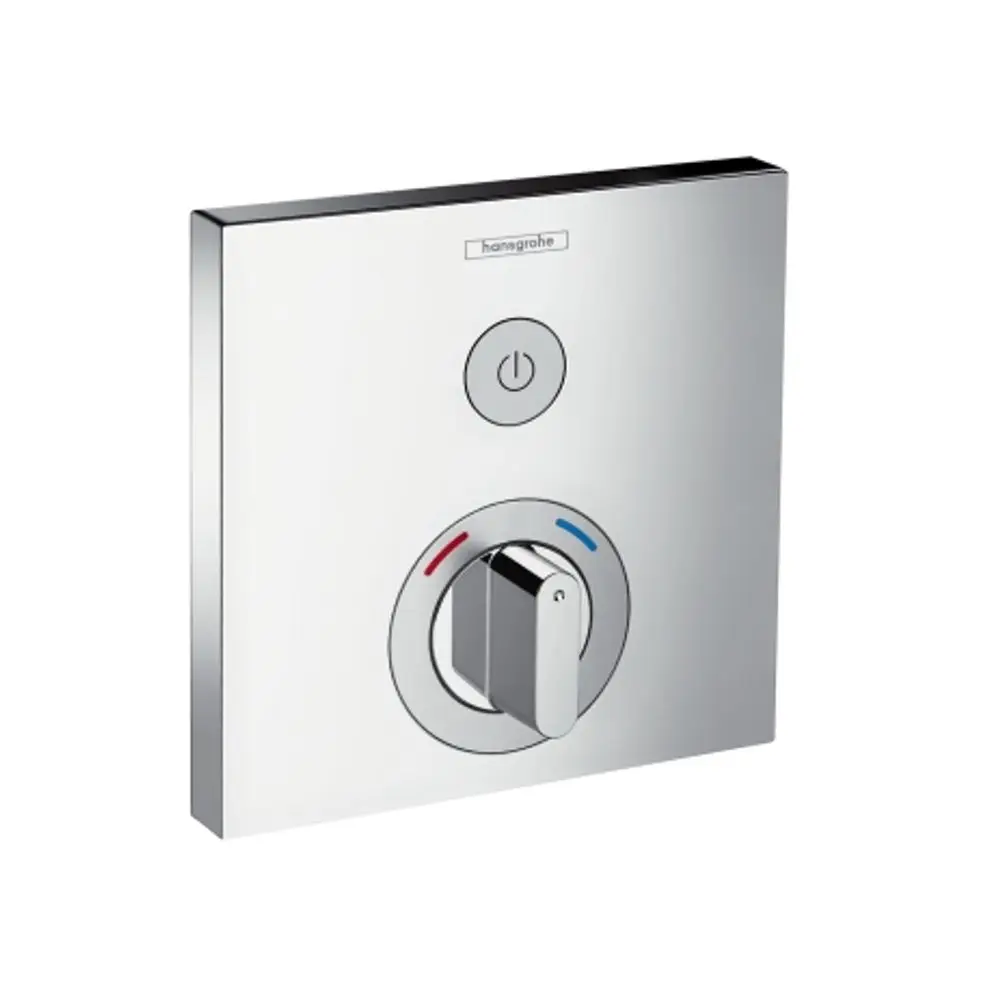 Chromfarbener Mischerschalter von Hansgrohe mit einem Regler für die Temperatur- und Mengensteuerung sowie einem Betätigungsknopf in einer flachen Montageplatte.